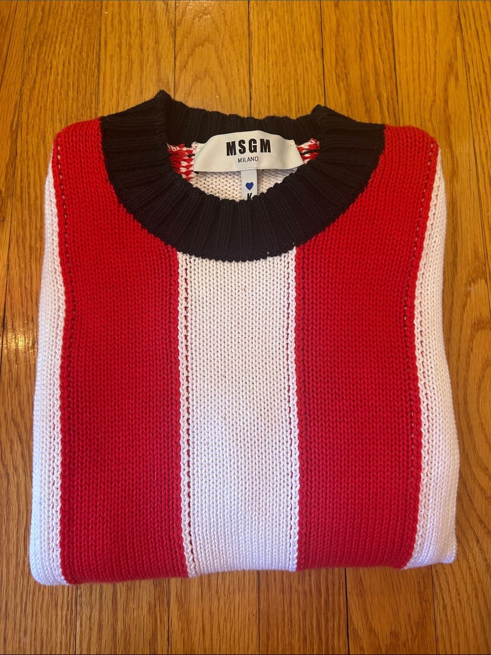 MSGM Black, Red & White Vertical Stripe Crewneck Sweater with Blue Bow Accents